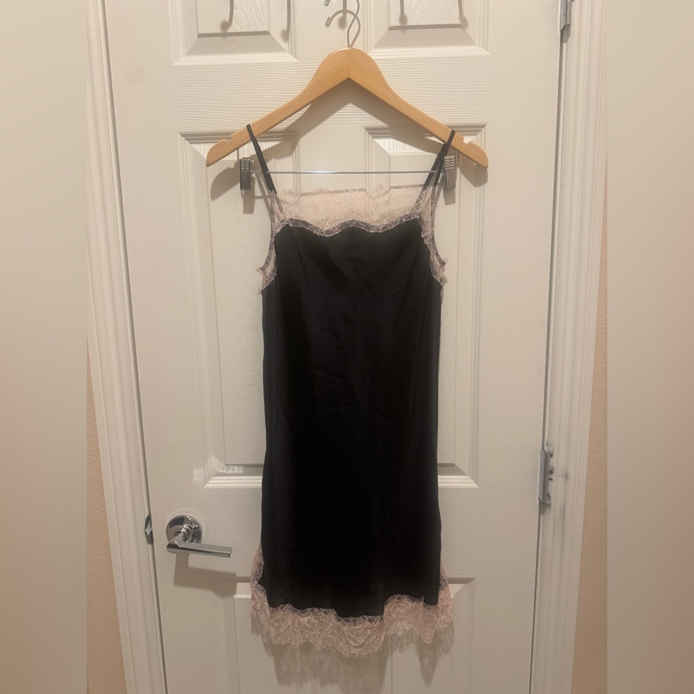 Victoria's Secret Black Slip Dress Chemise Black with Light Pink Lace Trim Small